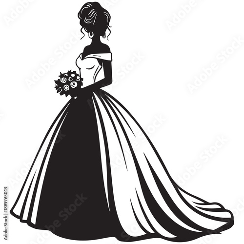 Beautiful bride silhouette in elegant wedding dress holding flower bouquet