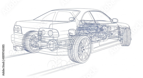 Automotive Engineering Blueprint of a Car Engine and Chassis.