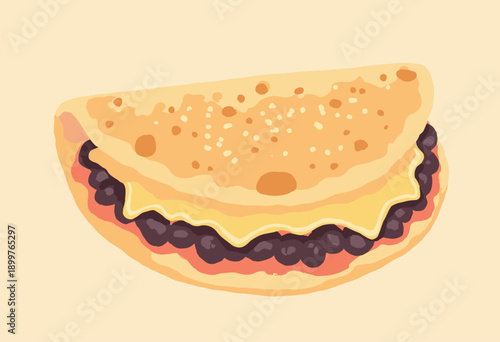 Venezuelan Arepa split open filled cheese black beans Cornmeal texture Flat