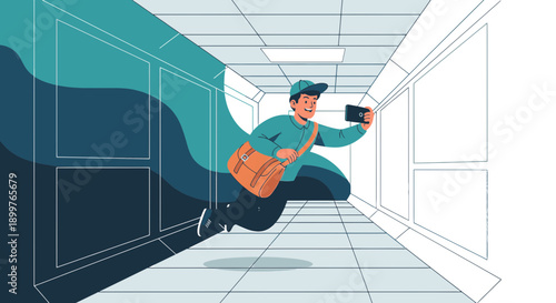 A captivating illustration of a futuristic delivery worker gliding through a corridor