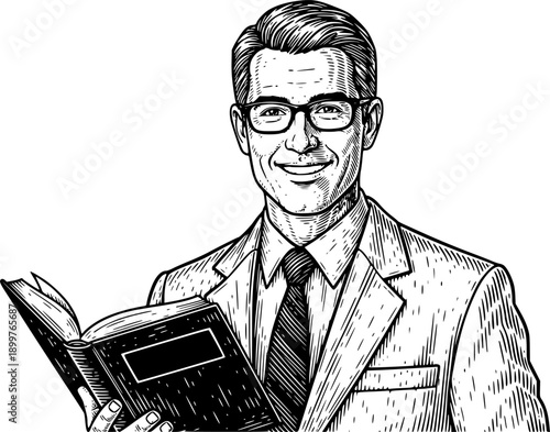 male psychologist wearing glasses, smiling, and holding book.