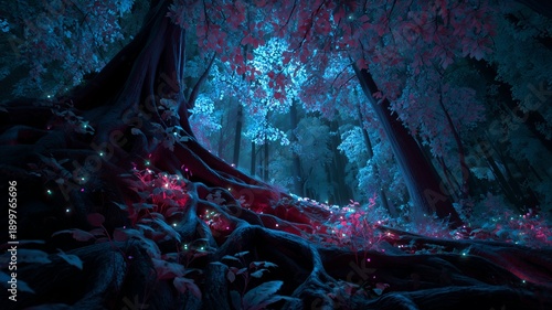 Dark Fantasy Forest With Red Accents