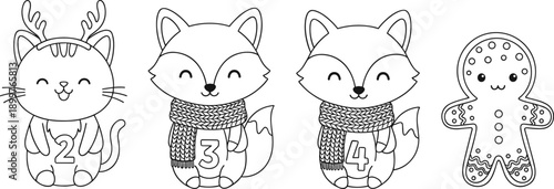 Cute winter animals advent calendar vector illustration with fox, reindeer cat and gingerbread character, festive line art design for Christmas coloring pages
