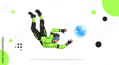 A futuristic skydiver aims for a digital globe in a clean abstract environment showcasing