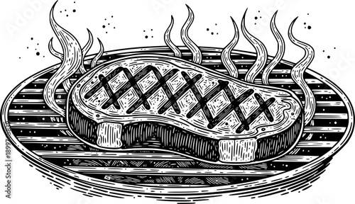 grilled steak on a barbecue grate, ideal for restaurant or BBQ design.