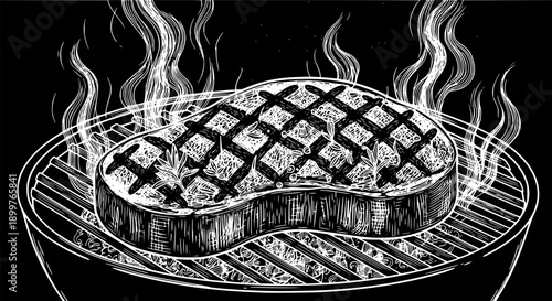 grilled steak on a barbecue grate, ideal for restaurant or BBQ design.