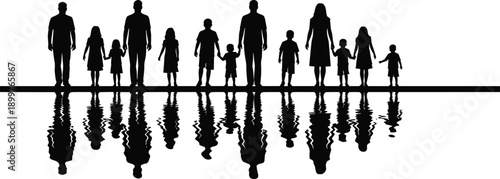 Family silhouette vector illustration with parents and children standing together, reflection effect composition, black minimalist people design symbolizing unity and togetherness