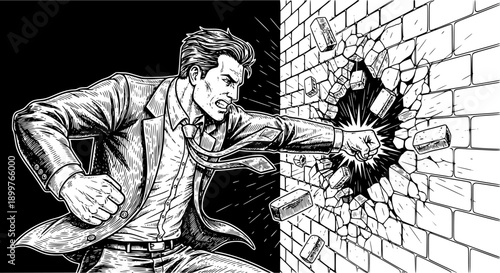 determined businessman smashing through a wall, symbolizing strength, breakthrough, and ambition .