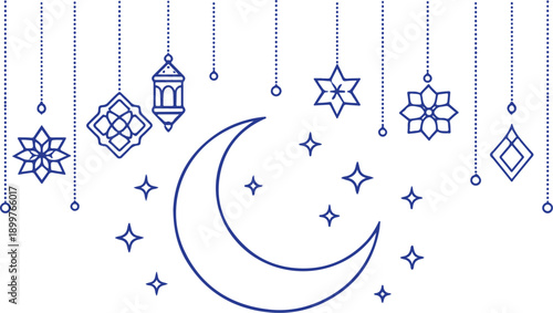 Celestial decorations featuring a crescent moon and various hanging ornaments Vector