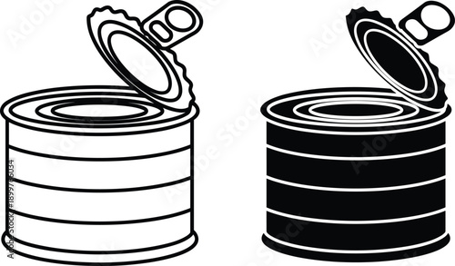 Open tin can icon vector illustration with outline and solid styles, black and white minimal food packaging symbol design set graphic