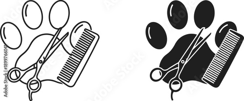 Pet grooming icon vector illustration with paw print, scissors and comb symbols, outline and solid styles, black and white minimal design
