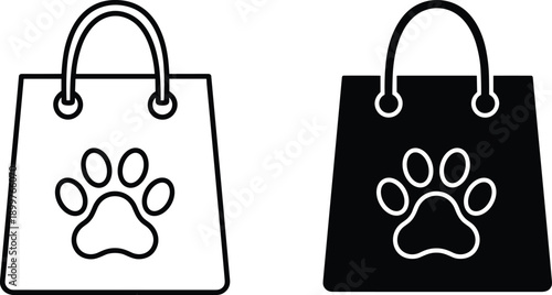 Pet shop shopping bag icon vector illustration with paw print symbol, black and white tote design, minimal retail packaging graphic concept