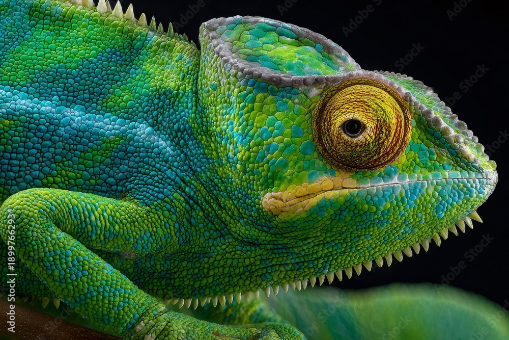 Fototapeta premium Chameleon with striking green and blue camouflage colors