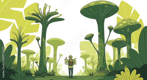 A whimsical journey into a verdant alien landscape with towering flora and a map-toting explorer