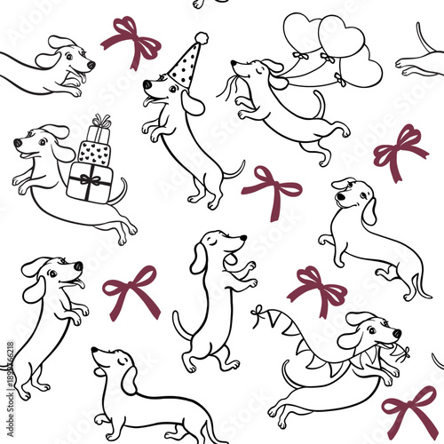 Seamless pattern with cute dachshund dogs in party hats with gifts, balloons and bows. Vector illustration for kids birthday, nursery decor, wrapping paper and textile print.