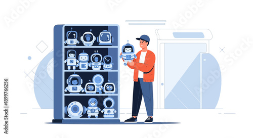 A Young Man Displaying His Extensive Collection of Robot Figurines in His Home