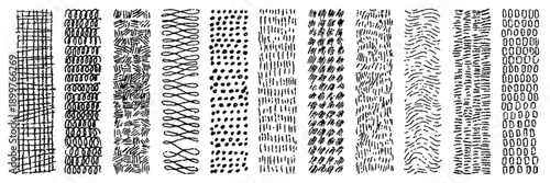 Crayon crosshatch pattern texture set. Hand drawn pencil line. Wood, rain, stripe, hatch organic shape collection. Sketch vector illustration for card, print, flyers