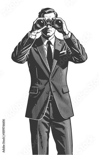 Man in Suit Looking Through Binoculars in Vintage Black and White Style, Front view