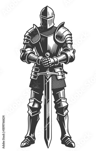 Medieval Knight in Full Armor Standing with Crossed Hands on Sword in Black and White Style