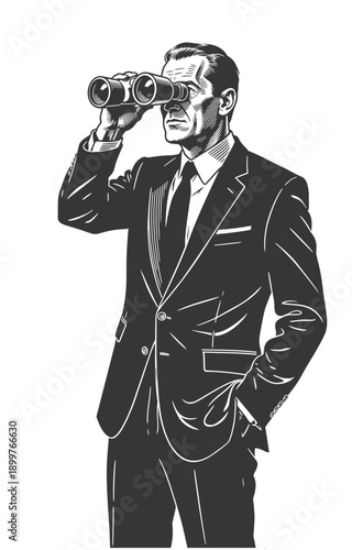 Man in Suit Observing Through Binoculars in Black and White Style
