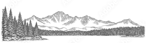 Panoramic Mountain Range with Pine Forest and Lake in Vintage Engraving Style