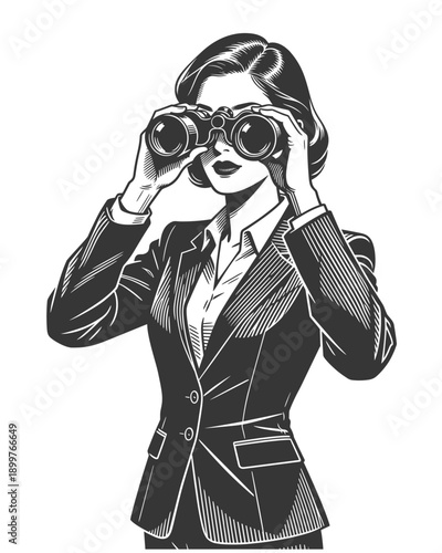 Elegant Businesswoman in Suit Observing Through Binoculars in Vintage Style