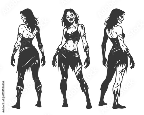 Female Zombie in Multiple Views with Torn Clothes in Black and White Style