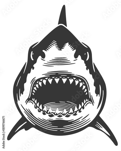 Fierce Shark with Open Jaws in Vintage Style Illustration, Front View