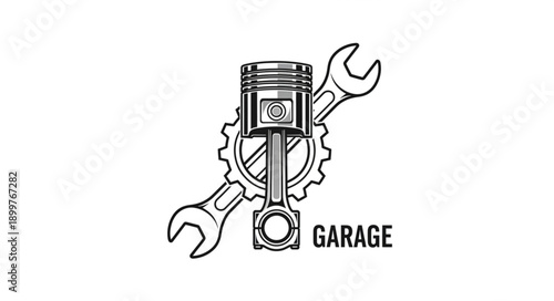 Automotive Garage Service Icon with Piston Wrench and Gear.