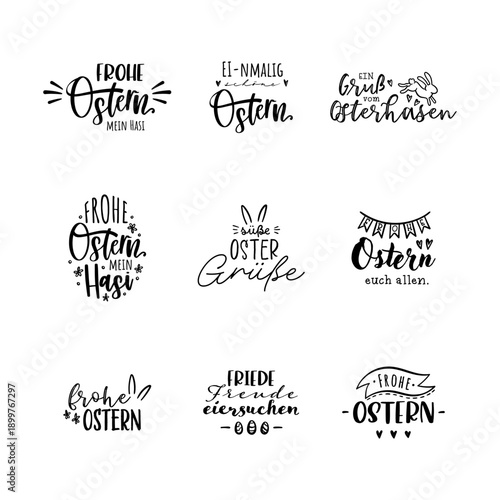 Collection of lovely hand drawn easter designs with text in german "Happy Easter" cute hand drawn bunnies, eggs and decoration