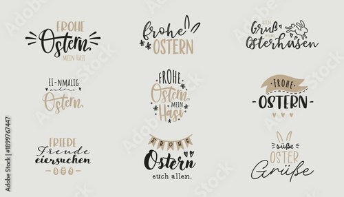 Collection of lovely hand drawn easter designs with text in german "Happy Easter" cute hand drawn bunnies, eggs and decoration