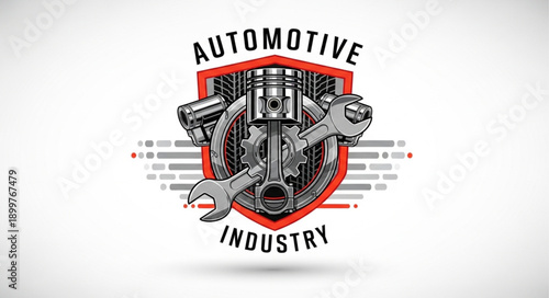 Automotive Industry Emblem with Engine Parts and Tools.
