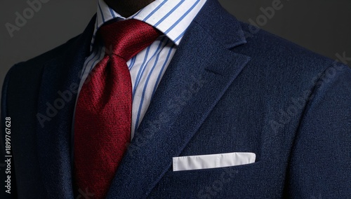Stylish Suit With Red Tie and Striped Shirt Worn by a Person in a Dark Settin...