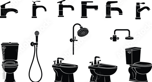 Bathroom fixtures silhouette illustration collection, faucets toilets bidets showerheads, plumbing design elements, home improvement architecture, black vector artwork, sanitary fittings