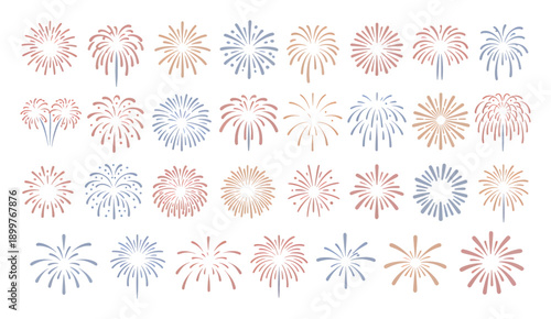 Fireworks vector illustration, vibrant colors for festive celebrations. Ideal for New Year Eve, Fourth of July, Diwali, Chinese New Year, Eid al-Fitr, Ramadan, Christmas, Halloween, party, holiday 