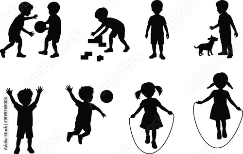 Children silhouettes, kids playing, ball games, skipping rope, stacking blocks, dog interaction, physical activity, social play, black icons, cad drawing flat vector illustration