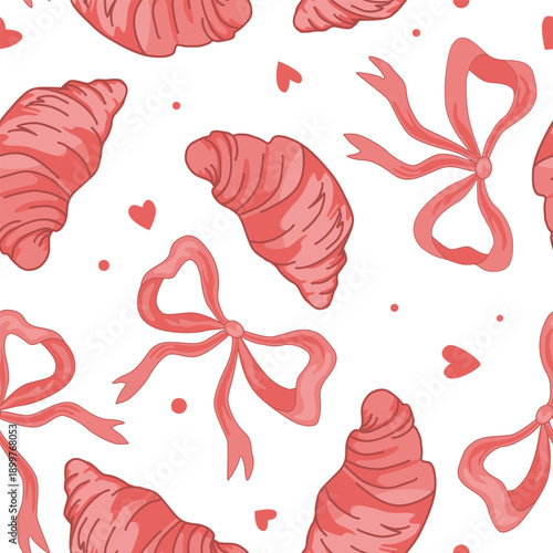 Vector seamless pattern with hand drawn red bows and croissants. Cute Valentine or girlie background. Vector illustration.