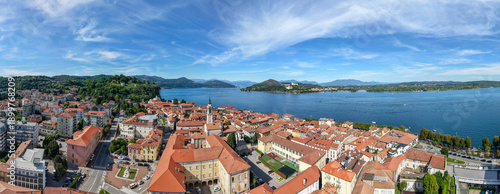 Vászonkép Drone view at the village of Arona on lake maggiore in Italy