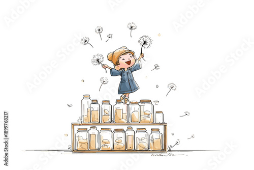 Whimsical Gnome with Dandelion and Glass Jars