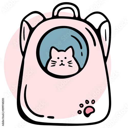 Pet carrier backpack with porthole window for cat and dog, travel capsule bag icon for animal transportation, vector hand drawn doodle.