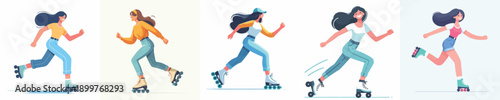 A woman is playing roller skates in a simple and minimalist flat design vector style
