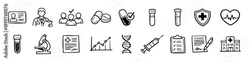 Set of hand-drawn medical and healthcare icons in doodle style. Vector illustrations for clinical research, laboratory, pharmacy, and hospital themes.
