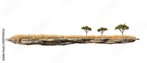 Panel kuchenny z motywem Floating island features rocky terrain with lush grass and three trees, creating serene and tranquil atmosphere