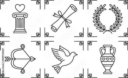 Classical and romantic vector icons including column, scroll, laurel wreath, bow and arrow, dove, and amphora