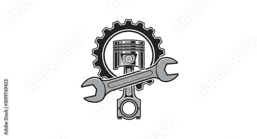 Automotive Piston Engine Part with Wrench and Gear.