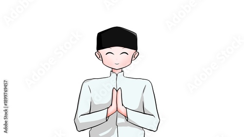 Illustration of a cartoon character of a man wearing a peci on a white background. This illustration is suitable for the atmosphere of Ramadan and Eid
