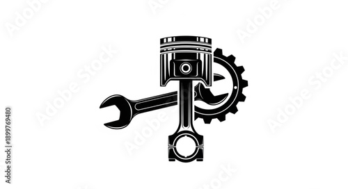 Automotive Piston Engine Part with Wrench and Gear.