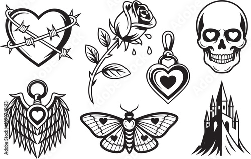 Dark romantic gothic tattoo style set with skull, rose, butterfly, castle, winged heart