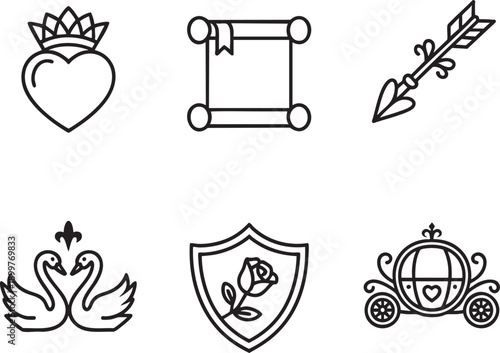 Fairytale and romantic symbols, crown heart, scroll, arrow, swans, shield, carriage