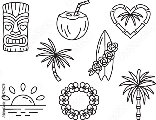 Hawaiian tiki mask and tropical elements set vector illustration for travel vacation and luau party